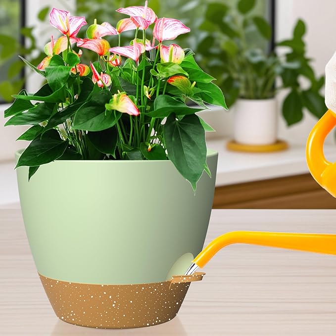 12 Inch Large Self Watering Pots, Flower Pots with Multi-Mesh Drainage Holes and Saucer, Planters for Indoor and Outdoor Garden Plants (Green with Brown) Rootora