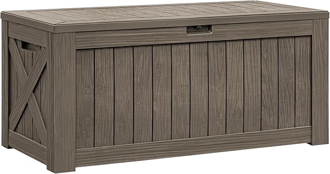 Flamaker Resin Deck Box 120 Gallon Waterproof Large Outdoor Indoor Storage Box Imitation Wood Resin for Patio Furniture Garden Tools and Pool (Brown) Flamaker