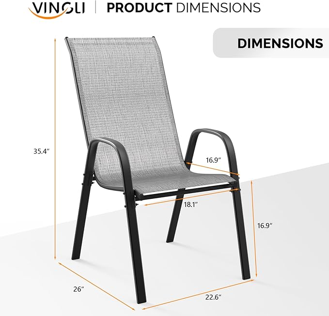 VINGLI Patio Chairs Set of 8 – Stackable Outdoor Dining Chairs with Comfortable Sling High Back Chairs and Armrests for Lawn, Poolside, Courtyard, Balcony, Garden, Silver Gray VINGLI