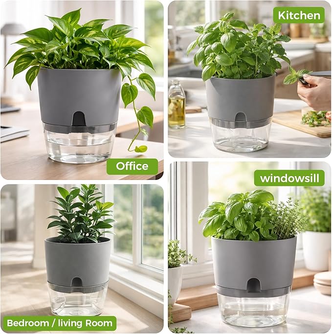 Planterhoma 5 Pack Self Watering Pots for Indoor Plants, 9 Inch Plant Pot Plastic Self Watering Planter for Orchid, Monstera, Lily, Large Clear Flower Pots with Drainage Holes and Wicking Rope, Gray Planterhoma