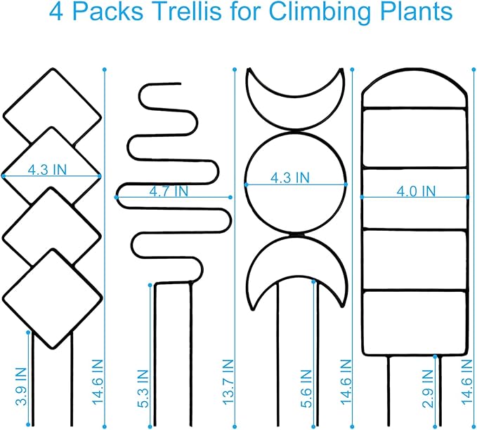 4 Packs Trellis for Climbing Plants Indoor, HENABLE Small Garden Metal Trellis for Potted Plants Outdoor for Vine Ivy Flower Plant Support, 4 Different Black Iron Patterns HENABLE
