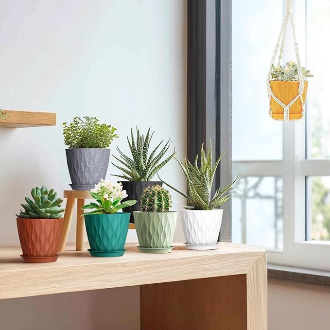 5 inch Plant Pots for Indoor Outdoor Plants, 6 Pack Thick Nursery Pots with Drainage Holes and Saucers, 3D Modern Wave Texture Small Plastic Planter Flower Pots, Black with Green Speckles Meowell