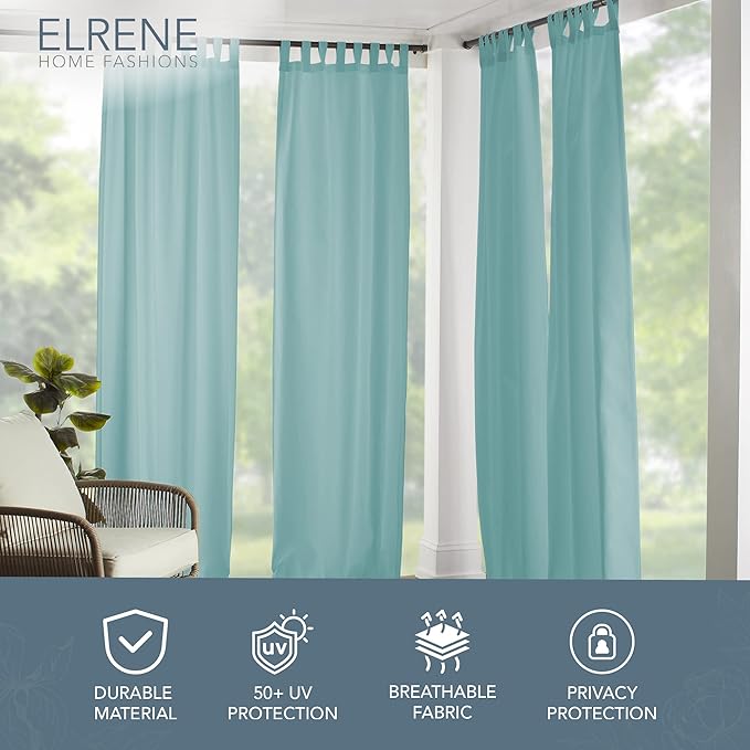 Elrene Home Fashions Matine Weatherproof Tab-Top Indoor/Outdoor Solid Color Curtain Panel for Porch, Pergola, Patio, Deck, 52”W x 95”L, Mineral ElreneHomeFashions