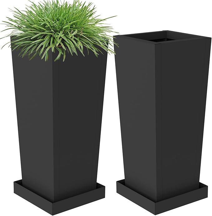 Tall Planters 30" H - 2 Pack, Tapered Pots with Drainage Insert Shelve & Trays, Metal Outdoor Planter Box for Porch, Garden, Patio, Yard (Black) Toriexon