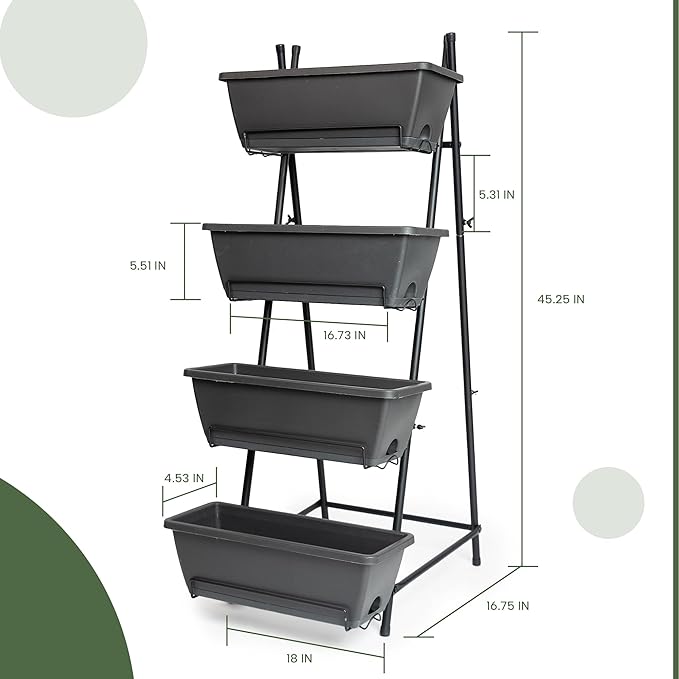 GENMOUS 4 Tier Raised Garden Bed Tall 45'' Vertical Elevated Garden Planter Standing Garden Bed Planter Box with Drainage Holes Removable Tray Outdoor Herb Planter Stand on Patio Balcony Porch Black GenMousCo