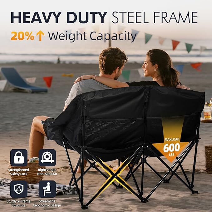 Double Camping Chair Loveseat - 2 Person Oversized Camping Couch for Adults Padded Heavy Duty Outdoor Lawn Beach Portable Folding XL Chairs with Cup Holders and Carry Bag Support 600lbs, Black/Grey PUVASIA