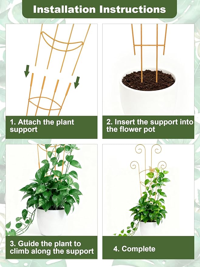 4Pcs Indoor Plant Trellis for Potted Plants, 30" Taller Expandable Garden Metal Trellis for Climbing Plants Outdoor, Houseplant Support Stakes for Ivy Pothos Hoya Flower (Gold) Whtawtaw