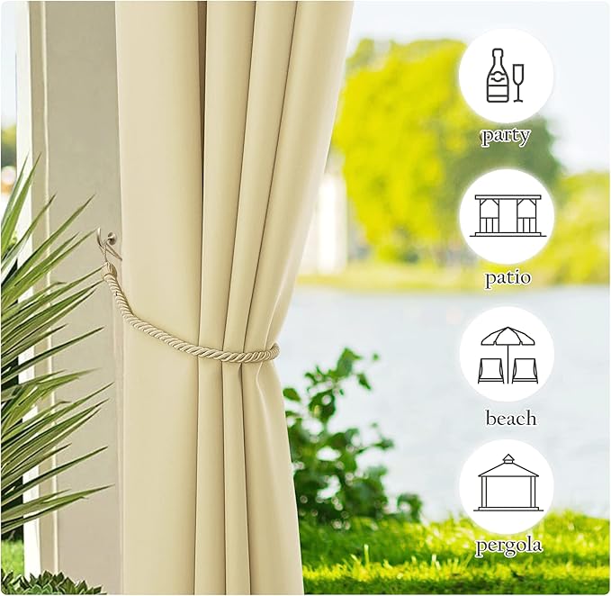 NICETOWN Canvas Patio Curtains Outdoor Waterproof, Rustproof Grommet Durable Thick Privacy Indoor/Outdoor Curtains & Drapes for Porch/Pergola/Cabana, W55 x L95, Light Beige, 2 Panels NICETOWN
