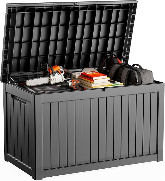 DRATO 280 Gallon Deck Box, Outdoor Large Waterproof Resin Storage Box with Lockable Lid for Patio Cushions, Gardening Tools（Black，280 Gallon） DRATOprovidesawarmandcozy