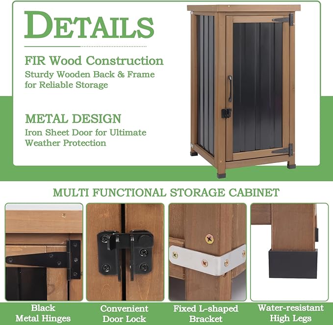 Small Outdoor Storage Cabinet Waterproof with Metal Top, Wood & Metal Outside Potting Bench Table Tool Organizer with Adjustable Shelf for Patio Backyard Garden PETSCOSSET