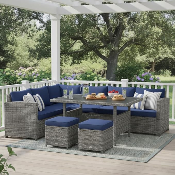Tangkula 7 Pieces Patio Furniture Set, Outdoor Sectional Rattan Dining Sofa Set with Cushions, All Weather Wicker Conversation Couch Set with Dining Table & Ottomans for Yard Garden Poolside, Navy TANGKULA