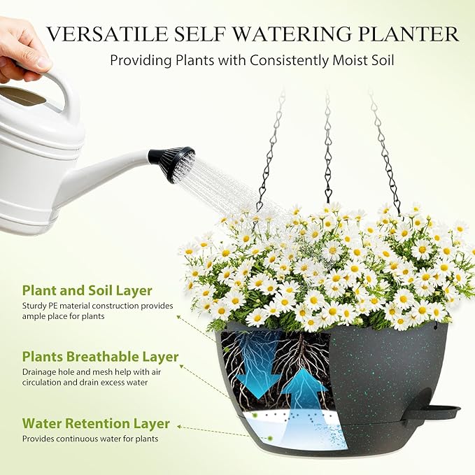 12 Inch Hanging Baskets 2 PC with Chains, Self-Watering Hanging Planters for Indoor Outdoor Plants, Plastic Hanging Flower Pots, Black with Green Speckles SQKH