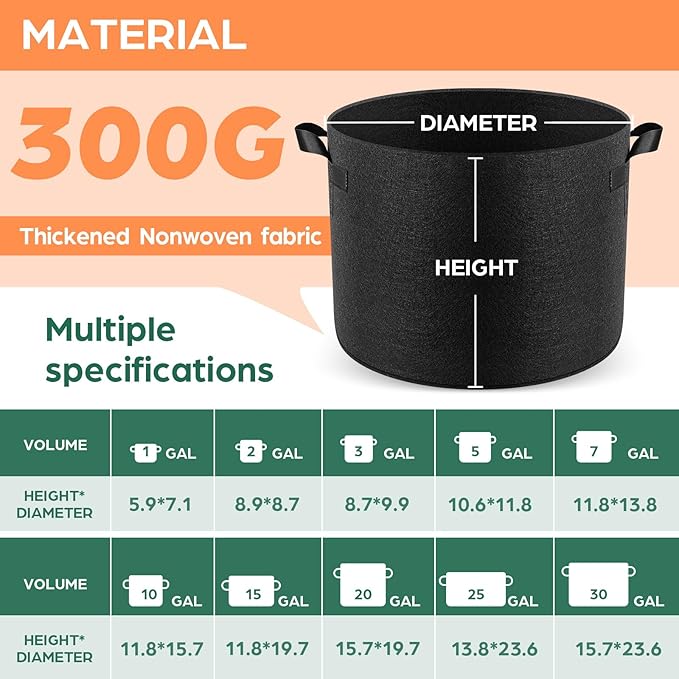 10 Pack 30 Gallon Grow Bags, Thickened Nonwoven Fabric Planter Pots with Handles, Heavy Duty 300G Garden Pots for Tomato, Potato and Vegetable Rootora