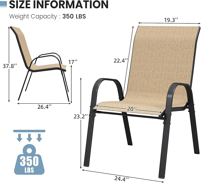 Patio Dining Chairs Set of 4, Outdoor High Stacking Chairs for All Weather, Breathable Seat Fabric and Alloy Steel Frame for Backyard, Porch, Garden (Brown) VonzoyHome