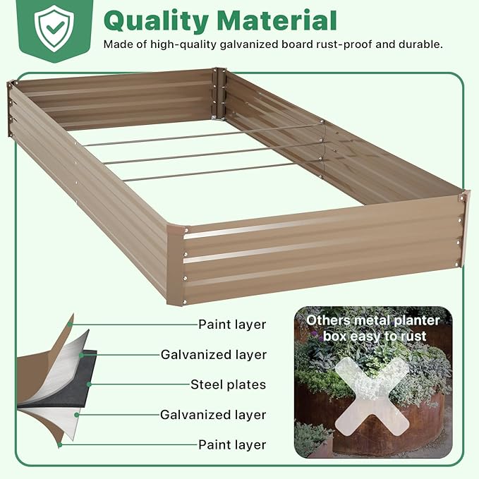 ONCEMORE Galvanized Raised Garden Bed for Vegetables Flowers Herbs, Metal Raised Garden Bed Kit with 2 PCS Tomato Cage, Gloves, Trellis Netting, Plant Labels, Plant Ties, Brown 6×3×1FT ONCEMORE