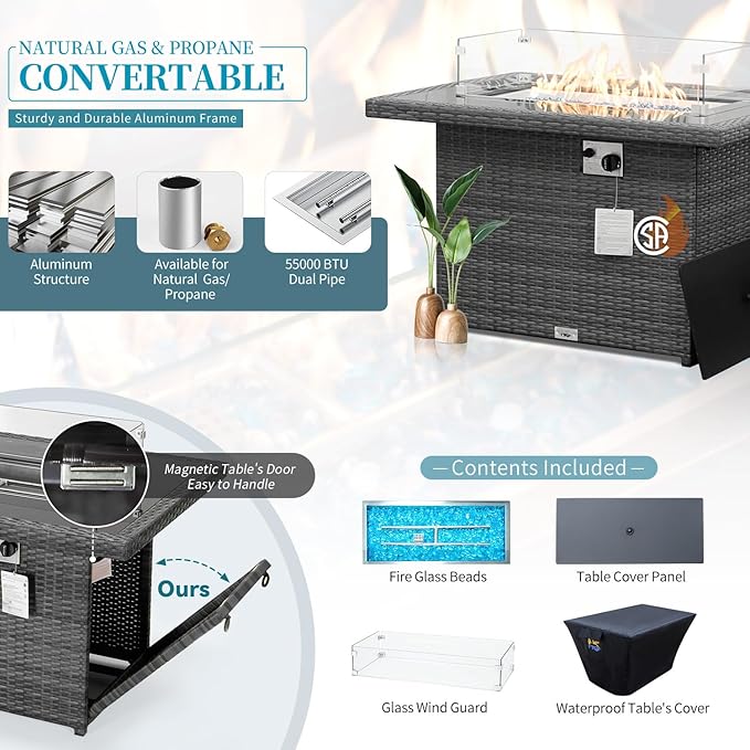 NICESOUL 29.3'' High-Back Outdoor Patio Furniture Set with Firepit Propane & Natural Gas, Oversized Deep Seat Rattan Conversations for Tall People, 7 Piece Couches, 2 Color Cushions Turquoise & Grey NICESOUL