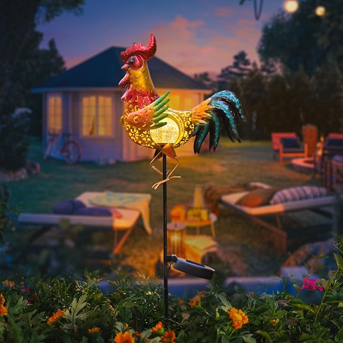 Tryme Rooster Solar Lights Outdoor Decorative Garden Statue Gifts for Chicken Lovers Women Mother Metal Yard Art for Lawn Tryme