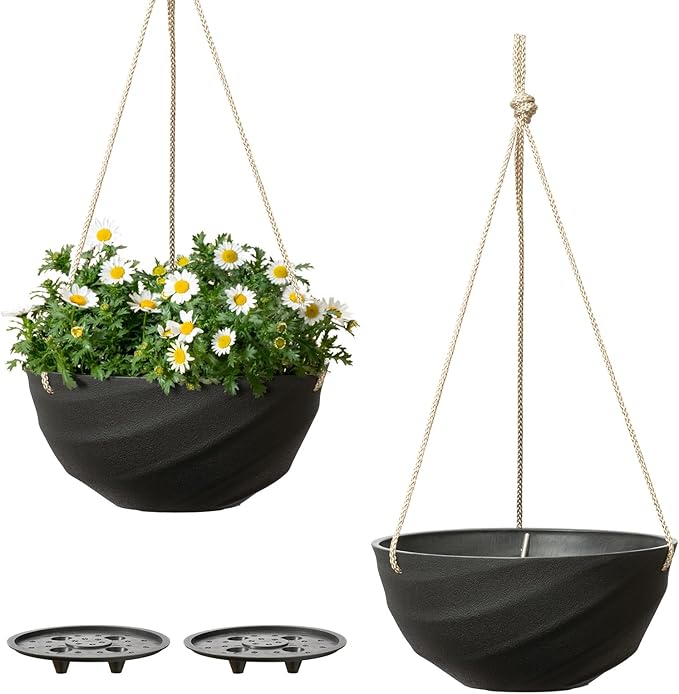 La Jolie Maison 10 Inch Hanging Planters for Indoor Plants, Outdoor Garden Planter Pots with Self-Watering Tray, Jet Black, Spiral Pattern, Set of 2 LaJolieMaison