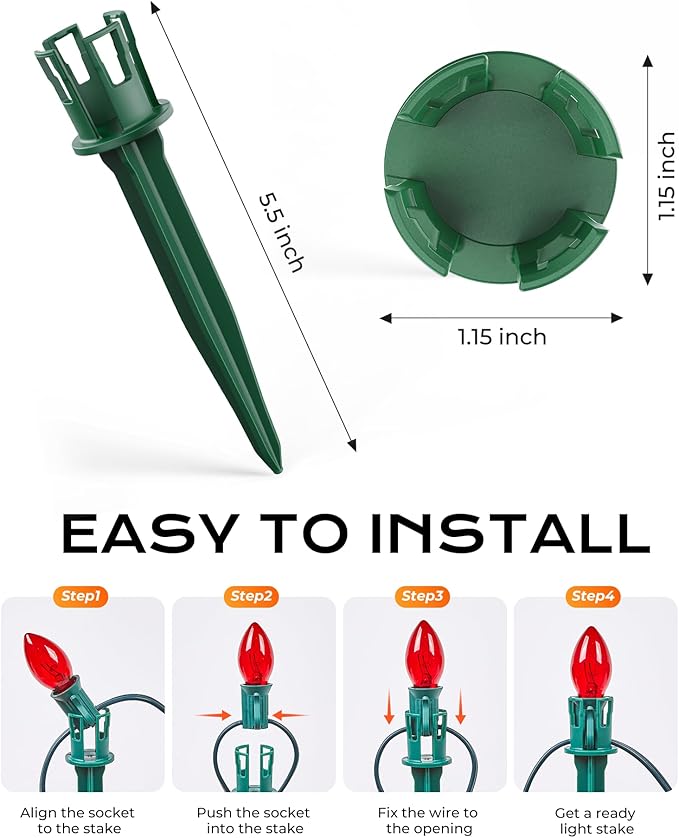 100-Pack Plastic Light Stakes, 5.5 Inch Christmas Yard Stakes for C7 C9 Christmas Lights Outdoor, Universal Light Stakes for Outdoor Holiday Lights, Green Minetom