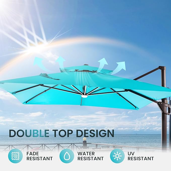 10 X 13 FT Cantilever Patio Umbrella with LED Lights Outdoor Heavy Duty Double Top Windproof Rectangle Offset Umbrellas with 360-degree Rotation for Pool Deck Backyard, Turquoise Ombrellon