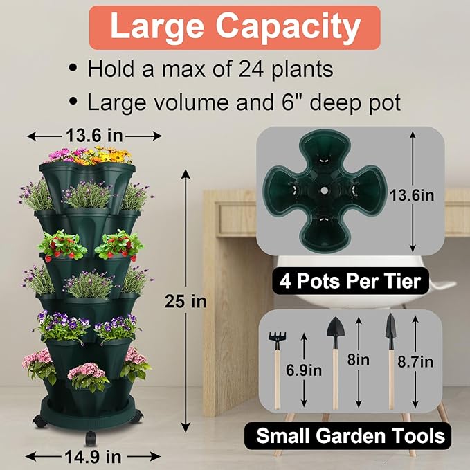 DUNCHATY Stackable Planter, Vertical Garden Planter with Wheels and Tools, Self Watering Strawberry Planter Indoor/Outdoor 6 Tier Herb Planter Pots for Growing Vegetables and Succulents,Pine Green DUNCHATY