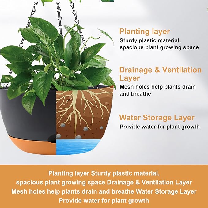 10 inch Plant Pot Hanging Planters Self Watering Pots for Indoor Plants, 3 Pack Plastic Hanging Basket with Removable Tray for Home Garden Porch Balcony Patio Decor(Black) KPUVX