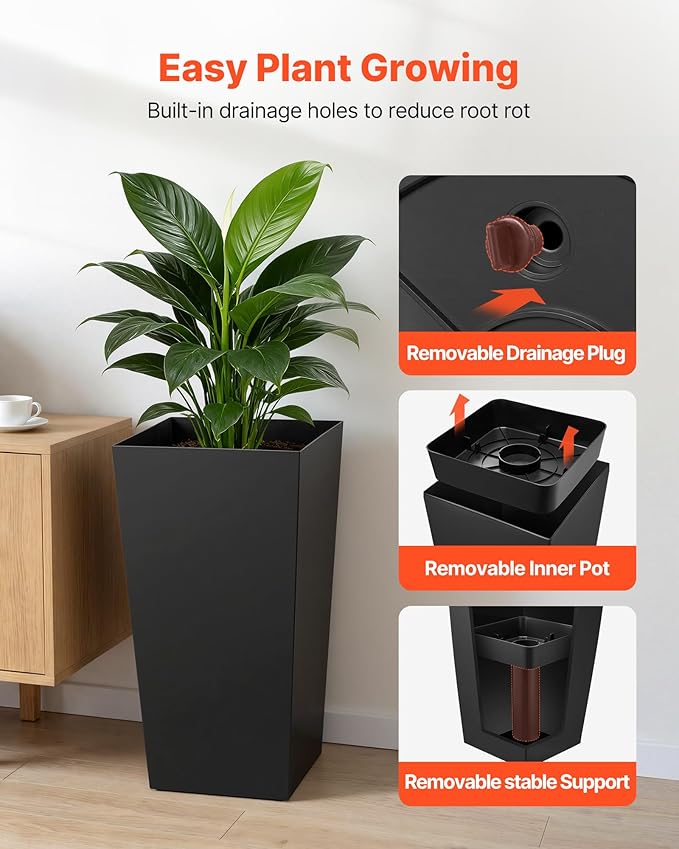 VEVOR 30 inch Tall Planters for Outdoor Plants Set of 2, Black Tall Planter for Indoor Plants, Modern Large Planters for Front Porch Patio Balcony, Plant Container Flower Pots with Built-in Drainage VEVOR