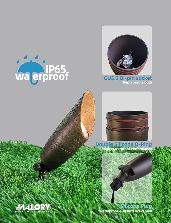 MALORY Solid Brass Landscape Spotlight 1-Pack with Bulb(S06), Low Voltage Front and Backyard Landscape Lighting with Large Rugged Slot Spike & Wire Connector,12V AC/DC Garden Patio Spot Up Light MALORY