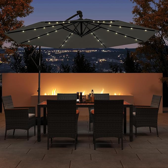 Tangkula 10ft Solar LED Patio Umbrella with Base, Offset Cantilever Outdoor Umbrella with 32 LED Lights, Infinite Tilt, 360 Degree Rotation, Crank Handle for Pool Deck Garden Backyard (Gray) TANGKULA