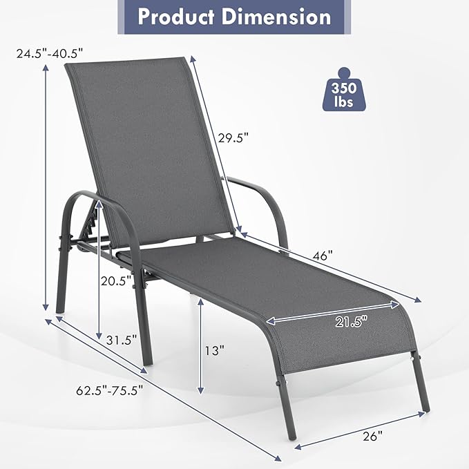 Giantex 2 Pack Patio Lounge Chair, Outdoor Chaise Lounge with 5 Adjustable Backrest, Sturdy Steel Frame, Sunbathing Recliner, Tanning Chair for Beach, Outside, Yard, Balcony, Pool Chairs (2,Dark Gray) Giantex