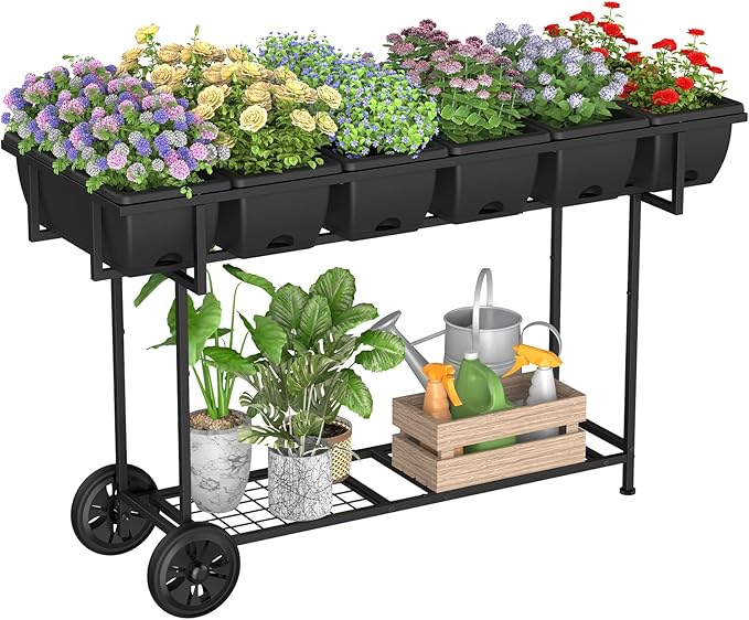 YBING Raised Garden Bed Outdoor with Wheels 42x17x29in Elevated Planter Box with Legs and Storage Shelf 6 Pocket Herb Garden Planter for Balcony Patio Deck Black YBING