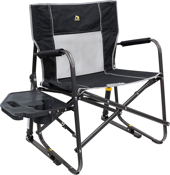GCI Outdoor Freestyle Rocker XL with Side Table Camping Chair | Portable Folding Rocking Chair with Solid, Durable Armrests, Drink Holder & Comfortable Backrest — Black GCIOUTDOOR
