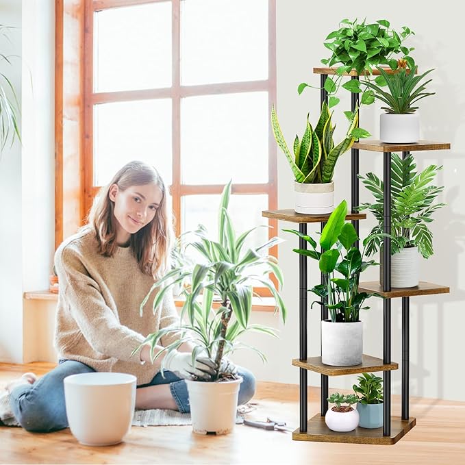6 Tier Wood Tall Plant Stand Metal Rack Indoor, Multiple Flower Pot Holder Shelves Corner Rack, Planter Shelf Display Rack Storage Organizer for Patio Living Room Balcony Garden(Black) YOCOMEY