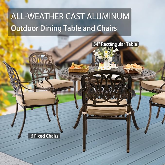 7-Piece Cast Aluminum Patio Furniture, Outdoor Dining Sets for 6 Include 54" Round Patio Dining Table and 6 Stackable Chairs with Cushions & Umbrella Hole (Bronze) Rootora