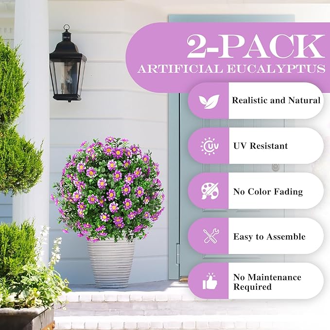 Artificial Topiary Bushes for Outdoors with Spike, Boxwood Ball Fake Shrubs UV Resistant Faux Plants for Indoor Outdoor Fall Thanksgiving Halloween Decor (Sunflower Boxwood Purple -2 Packs) FAJUNZH