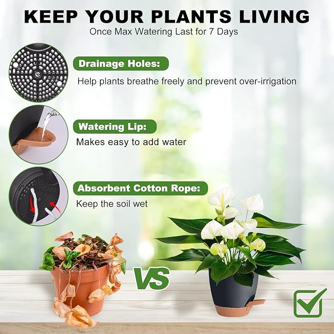 Plant Pots Pack of 5, 7/6.5/6/5.5/5 Inch Self Watering Planters with Drainage Hole Planter for Indoor Plants, Planting Pots for African Violet, Ochid and House Plants (Black) Vanslogreen