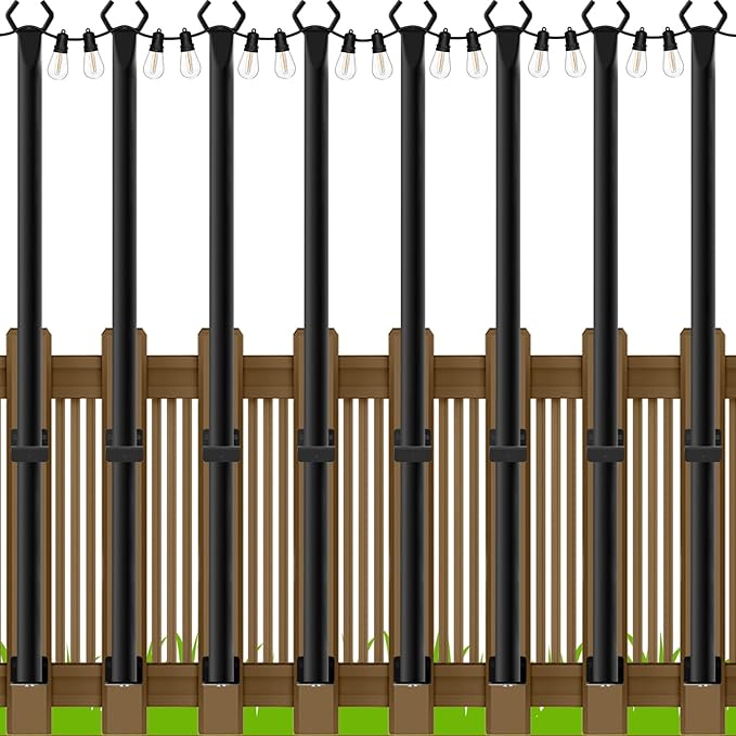 AILBTON 4.8Ft String Light Poles 8 Pack,Light Poles for Outside Lights,Outdoor with Fence Brackets Hanging Lights,Metal Stand Deck Patio Backyard AILBTON