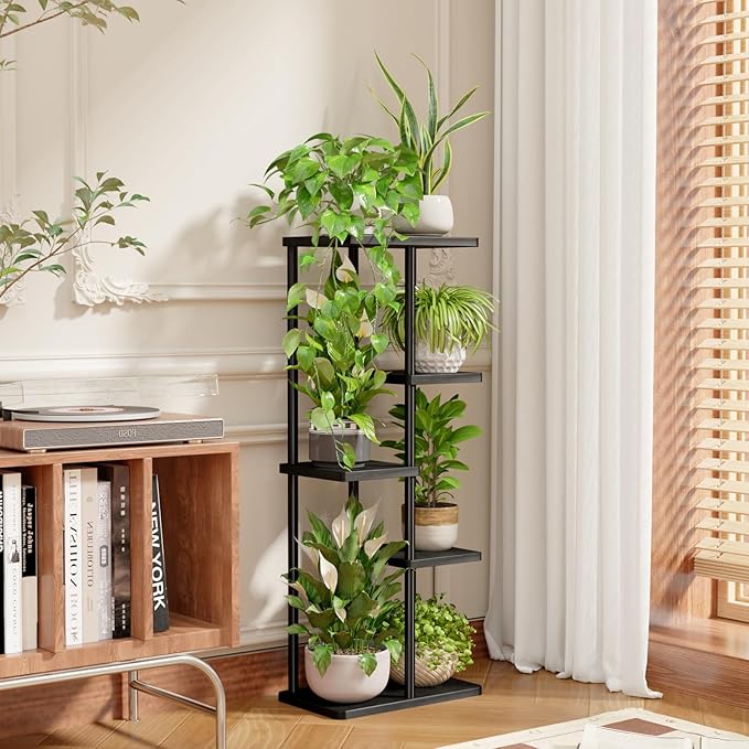 Bamworld Plant Stand Indoor, Corner 5 Tier Metal Plant Shelf for Multiple Plants, Tiered Flower Pot Stands for Patio Garden Balcony Living Room Bedroom, Black Bamworld