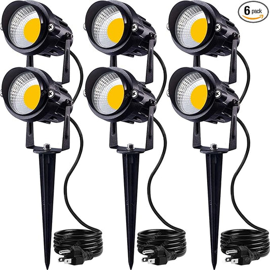 SUNVIE LED Outdoor Spotlight 12W Landscape Lighting 120V AC Waterproof Landscape Lights Spot Lights for Yard with Spiked Stake Warm White Flag Light Garden Decorative Lamp with US 3-Plug in (6 Pack) SUNVIE