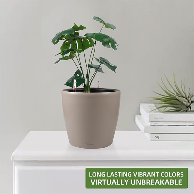Dexceder 9x8 Inches Self Watering Planter Indoor Outdoor, Inner Pot Design, Thickened Table Flower Plant Pot with Water Level Indicator (Taupe Matte) Dexceder