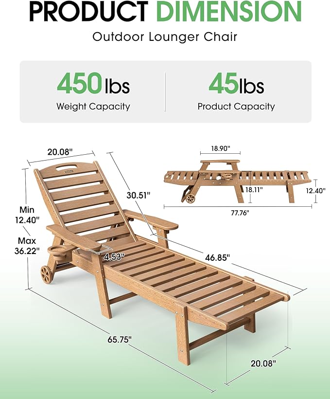 Chaise Lounge Outdoor, Lounge Chair Outdoor with Wood Texture, Adjustable 5-Position Backrest, HDPE Lounge Chair with Wheels & Cup Holder for Pool Deck Backyard, Teak Suunyn