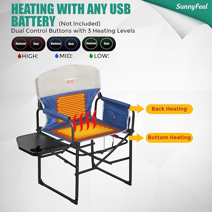 SUNNYFEEL Heated Camping Directors Chair, Heavy Duty,Oversized Outdoor Portable Heating Folding Chair with Side Table, Pocket for Beach, Fishing,Trip,Picnic,Lawn,Concert Foldable Camp Chairs SunnyFeelCamping