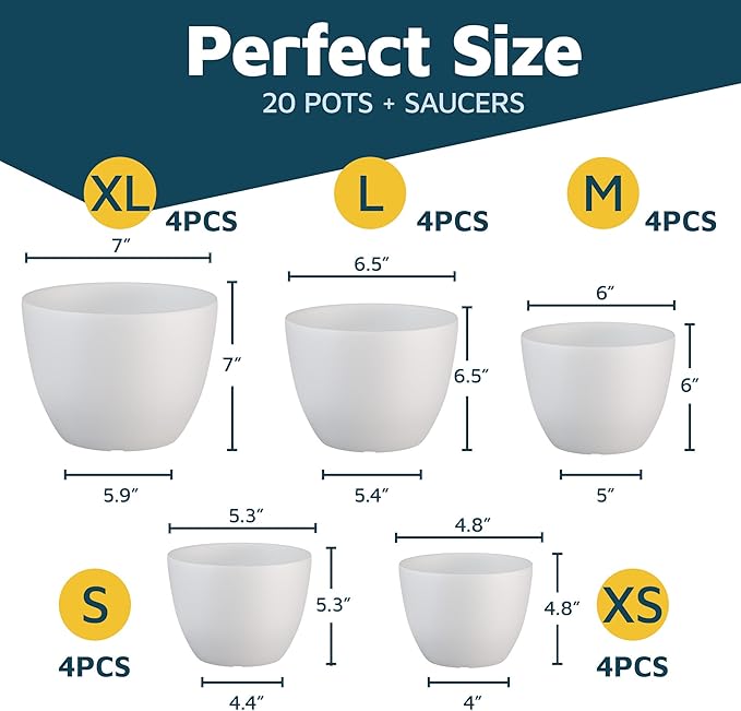 Lifemaster Eco Friendly Plant Pot Set -20-Pack Home Decor Flower Indoor and Outdoor Plastic Pots with Drainage Holes, Assorted Sizes (7", 6.6", 6", 5.3", 4.8") - Stackable Garden Versatile Planters LIFEMASTER