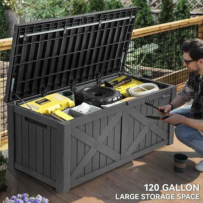 YITAHOME 150 Gallon Large Deck Box with X-Shaped Front, Resin Outdoor Storage Boxes, Waterproof Cushion Storage Bench for Patio, Pool Supplies, Garden Tools - Lockable, Dark Gray
