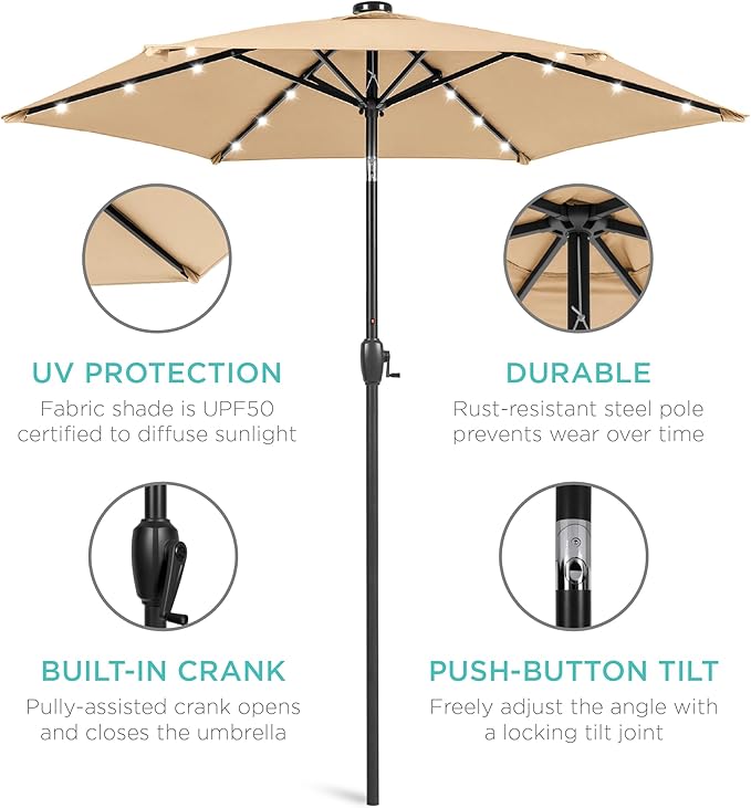 Best Choice Products 7.5ft Outdoor Solar Market Table Patio Umbrella for Deck, Pool w/Tilt, Crank, LED Lights - Sand BestChoiceProducts
