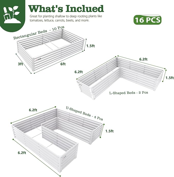 A ANLEOLIFE Set of 16, 18 Inch Tall Galvanized Raised Garden Beds Kit, Rectangular,U-Shaped & L Shaped Metal Planters – Ideal for Backyard Structured Garden Layouts, Antique White AAnleolife