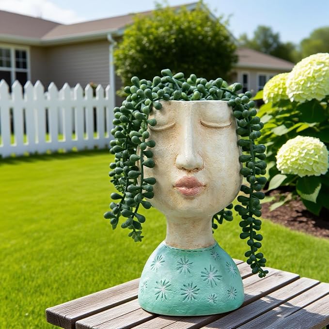 DiliComing Resin Face Planters Pots Head - 8 Inch Indoor and Outdoor Pot with Drainage Hole for Succulents Plants Home Garden Decor Unique Girl Sculpture Plant Pot DiliComing