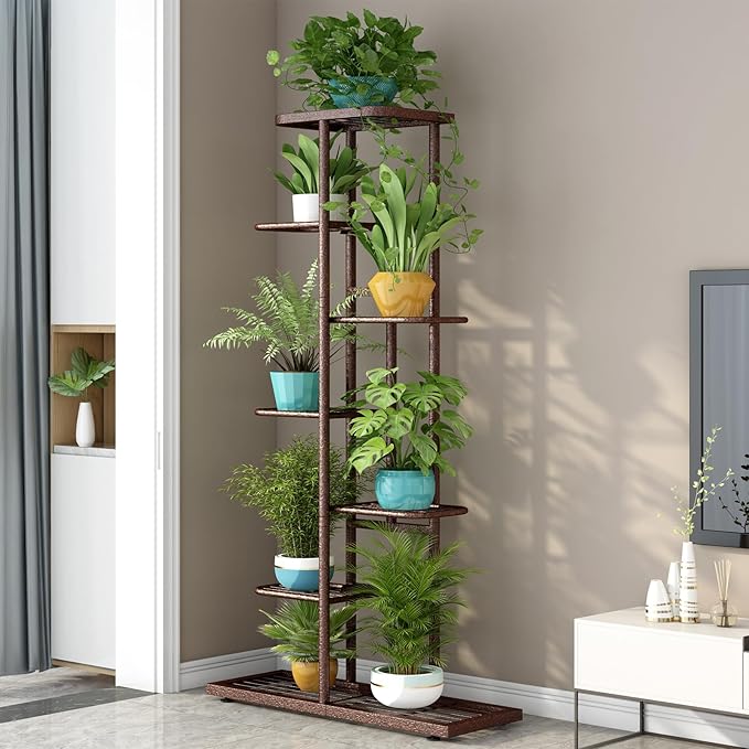LINZINAR Plant Stand Metal 7 Tier 8 Potted Multiple Flower Pot Holder Shelf Indoor Outdoor Planter Display Shelving Unit for Patio Garden Corner Balcony Living Room, Bronze LINZINAR