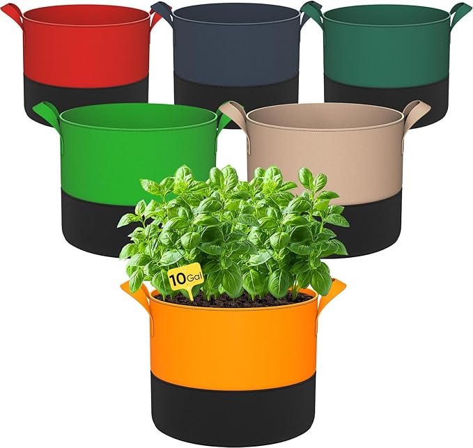 10 Gallon Grow Bags: 6 Pack 350G Heavy Duty Thickened Colorful Potato Grow Bags with Handles - Felt Nonwoven Garden Fabric Bags Gardening Pots for Vegetable Fruit Flowers Herbs Tomato Growing RVZHI