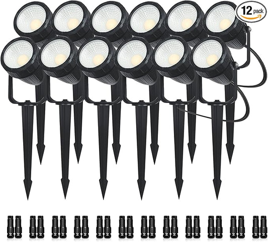 Low Voltage Safety Landscape Lights Outdoor: 7W 840LM LED Landscape Lighting with Connectors & Transformer for Tree Garden Yard Pathway | 24V Warm Yellow 3000K Spotlights | IP65 Waterproof | 12 Pack Rootora